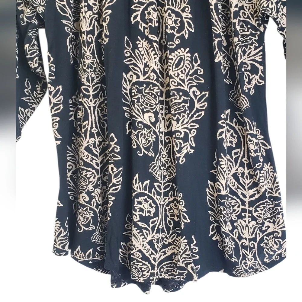 Lucky Brand Black Keyhole Detail Peasant Top Black & Tan Size 1X Boho